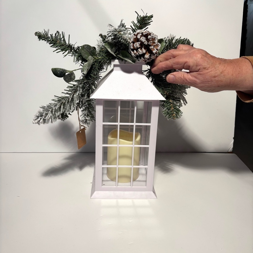 White Battery-Operated Lantern w/ Frosted Wintery Greenery – 14” x 6” New - Picture 2 of 3